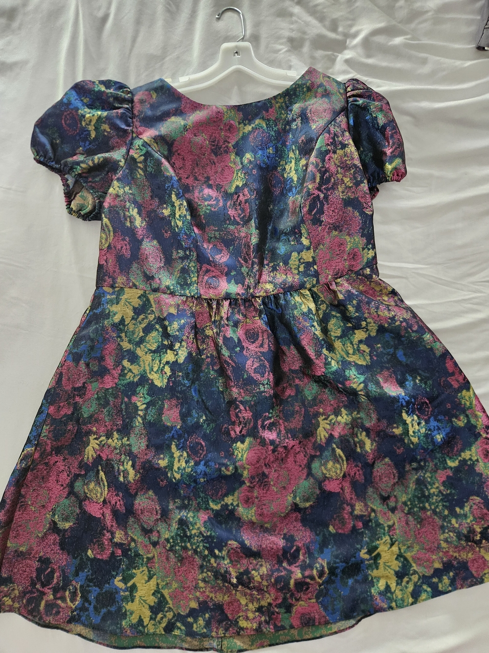 Navy Baroque Floral Metallic Puff-Sleeve Dress